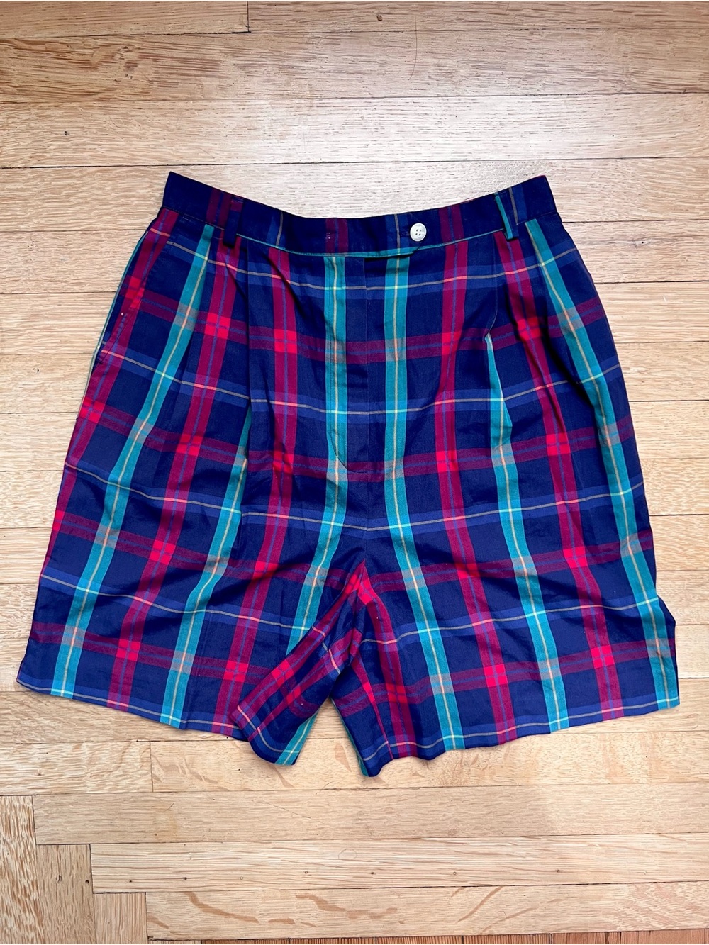 Vintage 70s colorful plaid blue red madras s/m Twee